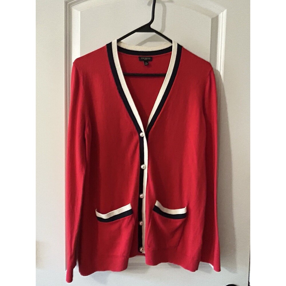 Talbots Size MP Red Cardigan Sweater W/Pearl Button Pockets Academia Preppy